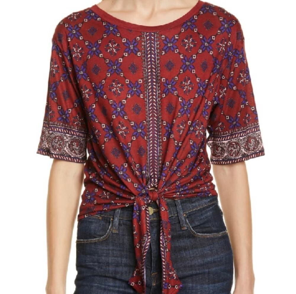 Sandro Red Geometric Print Tie Front Short Sleeve Blouse Size 2